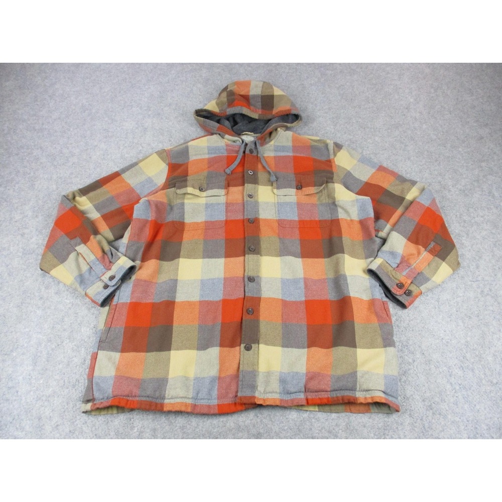 LL Bean Jacket Mens Extra Large Tall Orange Plaid Hooded Lined Flannel Coat